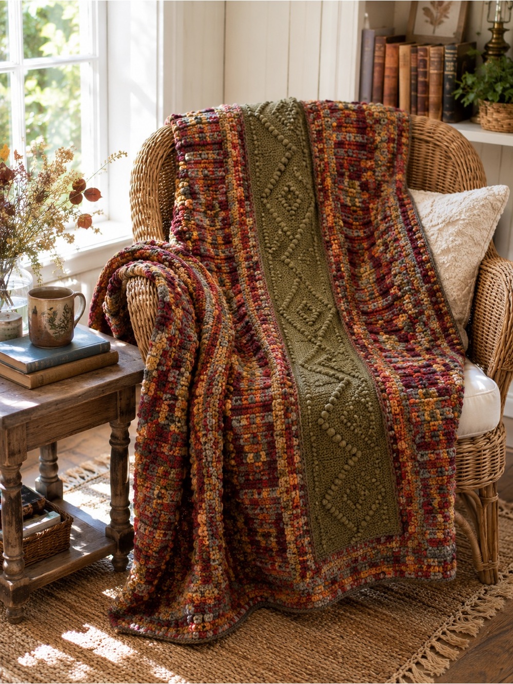Vintage Handmade Fall Crochet Afghan Throw – Bobble & Diamond Textured – 60” × 6